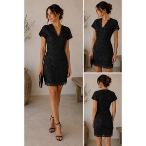 Hoss Intropia Guipure Lace Sheath Dress‎ Size 36 Black Floral V Neck